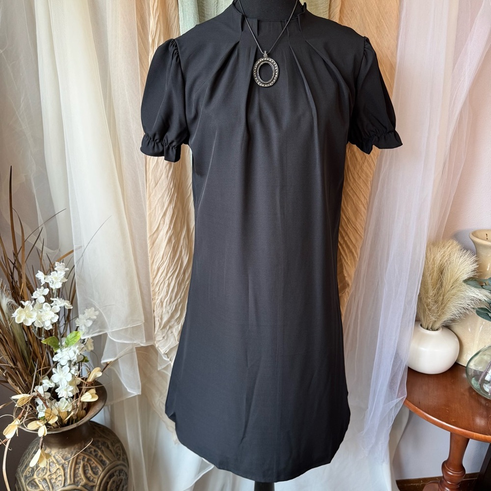 NWT Elegant Black Dress (size s) high neck, straight fit, w/ cute cap sleeves!